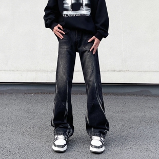 美式高街复古水洗做旧扎染牛仔裤直筒男宽松微喇潮牌痞帅显瘦裤子