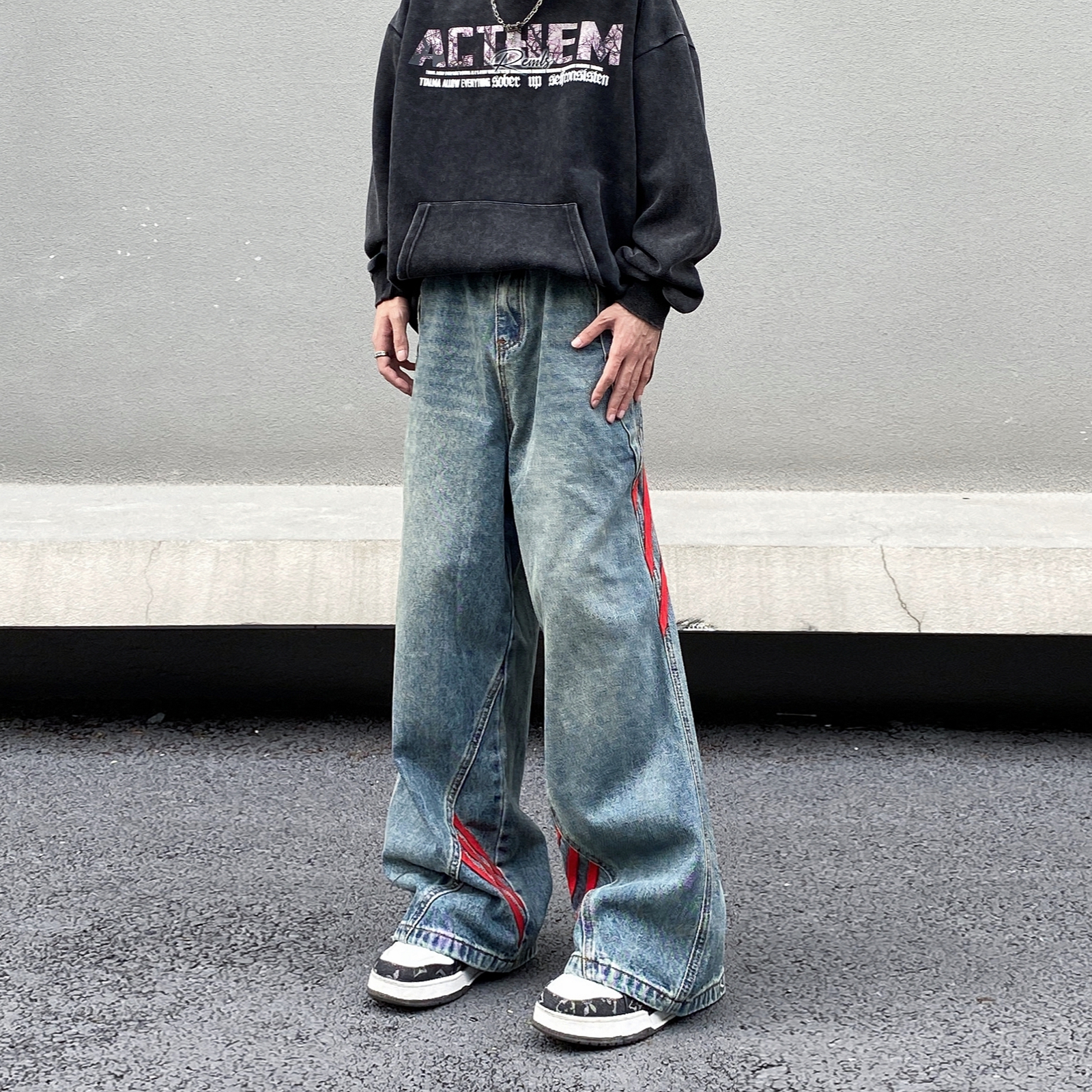 条纹拼接水洗做旧牛仔裤美式长裤