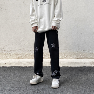 高街美式星星刺绣牛仔裤男黑色潮牌宽松直筒设计垂坠感hiphop裤子