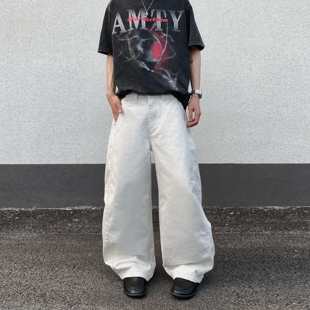 美式baggy设计感白色弯刀牛仔裤男宽松阔腿垂感解构潮牌痞帅裤子