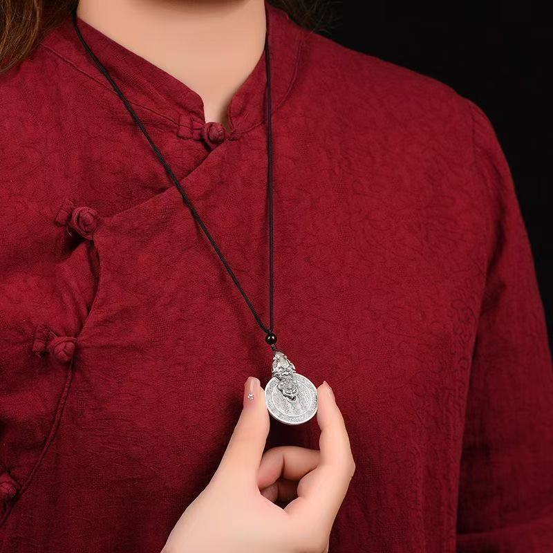 s925纯银山鬼花钱吊坠貔貅男女八卦铜钱足银平安挂件礼物时尚百搭