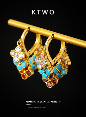 新款四叶流苏耳坠耳环女彩色锆石镶嵌复古轻奢气质耳圈小巧耳饰品