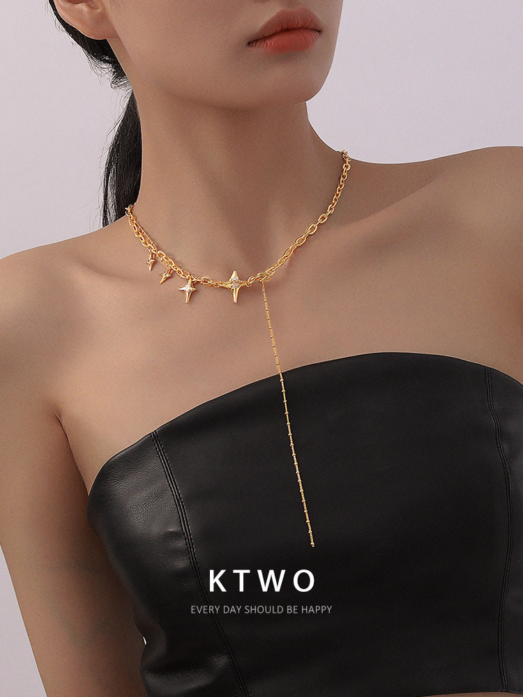 欧式ins潮酷项链女小众设计镀18k金高级感锆石芒星锁骨颈链装饰品
