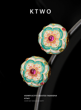 新中式古风滴釉耳钉女小众四叶彩绘镂空设计轻奢925纯银针耳饰品