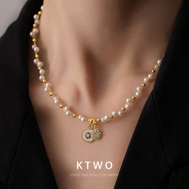 缠绕珍珠毛衫项链女小众双层吊坠设计金色轻奢秋冬时尚毛衣锁骨链