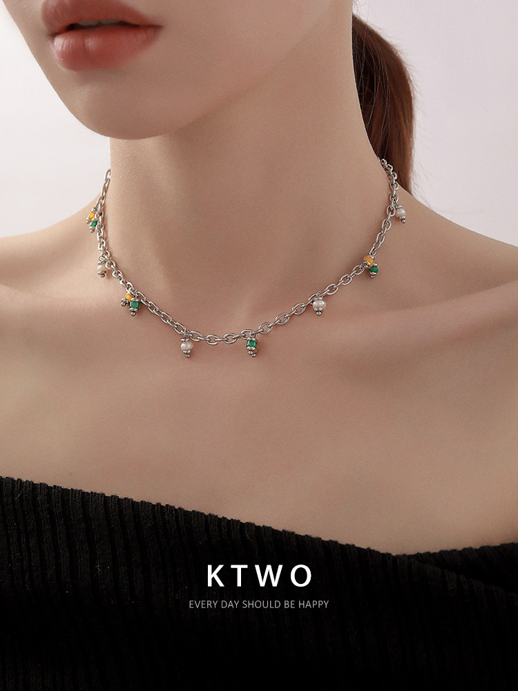 彩石珍珠项链女2025年新款潮酷小众设计感冷淡风叠戴锁骨颈链饰品