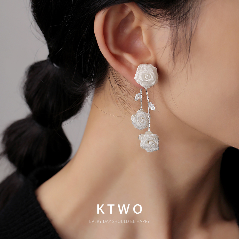 玫瑰花流苏银色耳坠耳环女小众镂空时尚设计925纯银针耳钉耳饰品