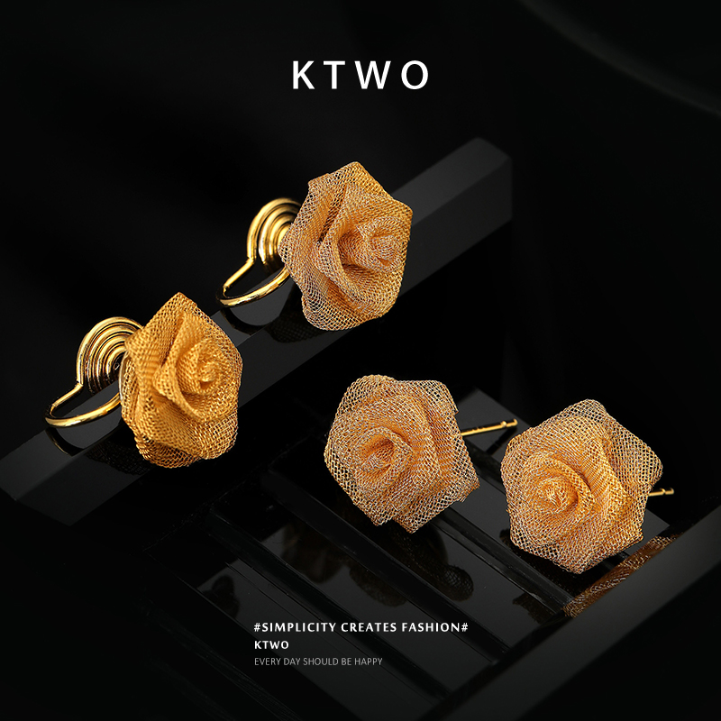 新款复古玫瑰花耳钉女小众镂空k金色设计925银针时尚轻奢耳夹耳饰