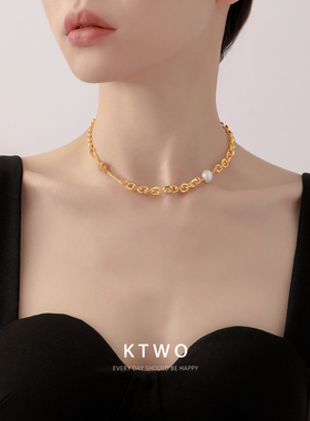 贝珠项链男女潮ins小众高级设计感镀k金新款时尚拼接粗锁骨脖颈链