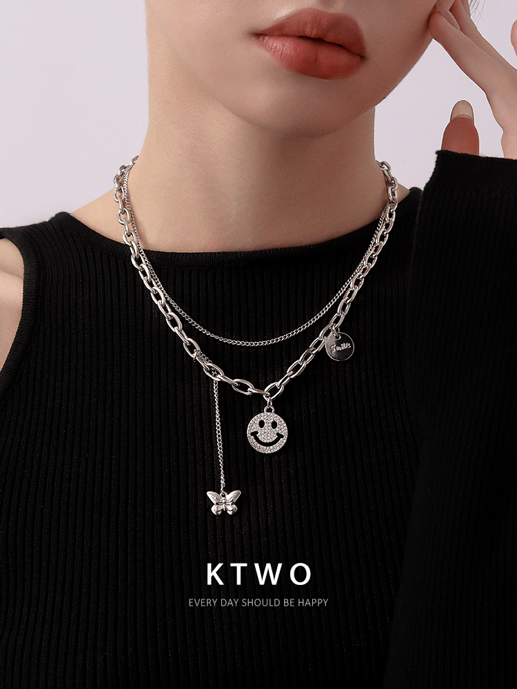 笑脸双层项链女潮酷男钛钢锁骨链
