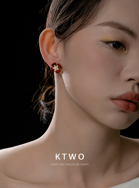 珐琅红色花瓣锆石耳坠耳钉女精致小众高级感优雅气质新年耳环耳饰