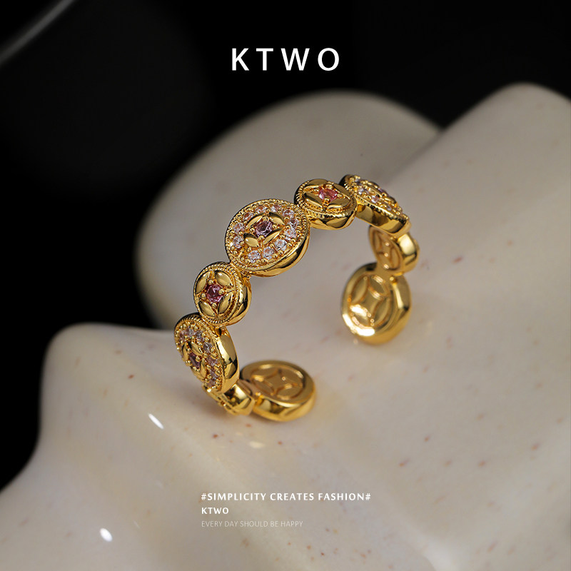 复古中式钱币开口戒指女款小众紫粉锆石设计时尚轻奢k金色食指环