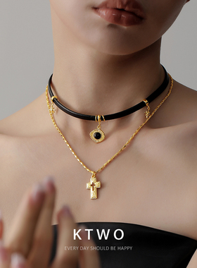 欧式时尚双层叠戴项链女潮ins小众设计双吊坠皮绳锁骨链颈链配饰
