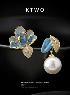 新款不对称滴釉珐琅耳坠耳钉女小众高级感微镶树叶珍珠耳环耳饰品