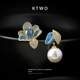 新款 不对称滴釉珐琅耳坠耳钉女小众高级感微镶树叶珍珠耳环耳饰品