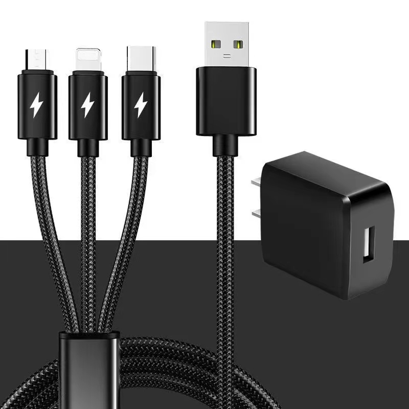 三合一编织数据线充电套餐5v-2A超级快充适用苹果安卓华为荣耀小米OPPOvivo手机iPad平板USB车载多功能充电线