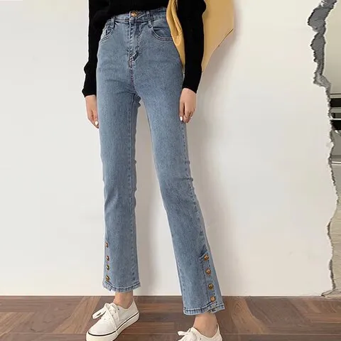 春秋显瘦大码高腰裤子女牛仔裤胖妹妹微喇mm不规则排扣设计感小众