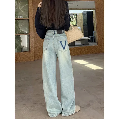 直筒新款高腰牛仔裤女显瘦设计感宽松阔腿春秋浅色拖地裤垂感加长