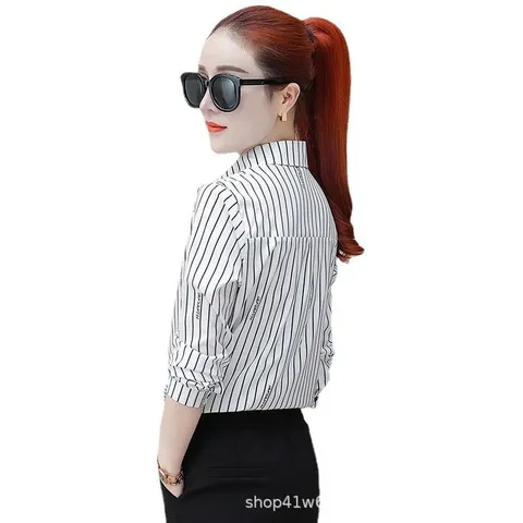 春装修身雪纺衫打包邮金韩衬衫白衬衣新款韩版女长袖女士条纹职业
