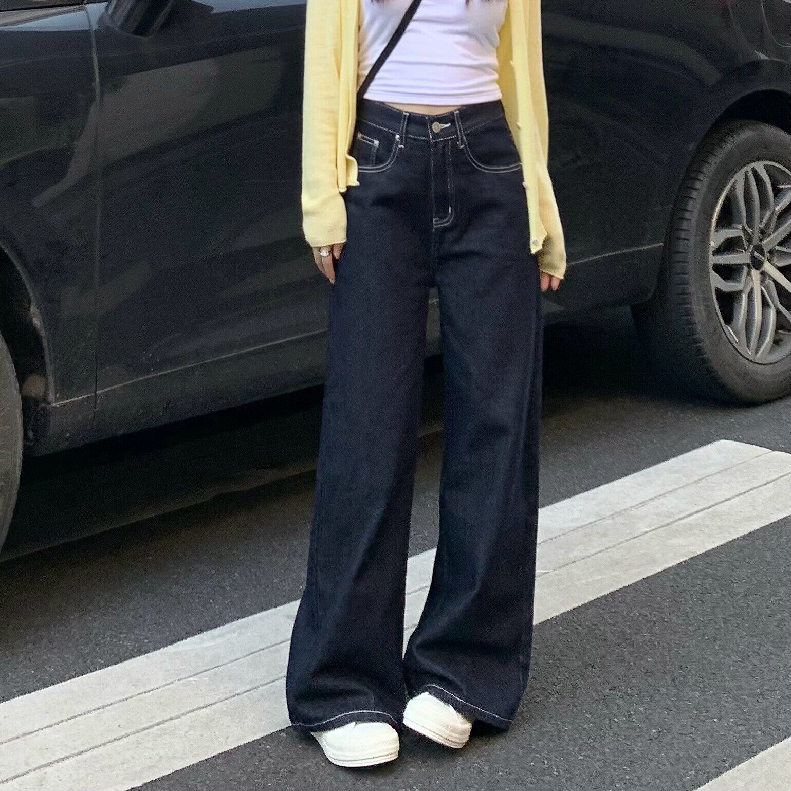 纯哥家深蓝色直筒牛仔裤女2025年春夏新款高腰宽松显瘦垂感阔腿裤