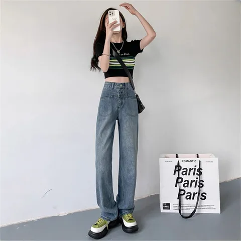 垂感牛仔裤高腰春秋阔腿裤设计感小众新款大码直筒女宽松胖mm2025