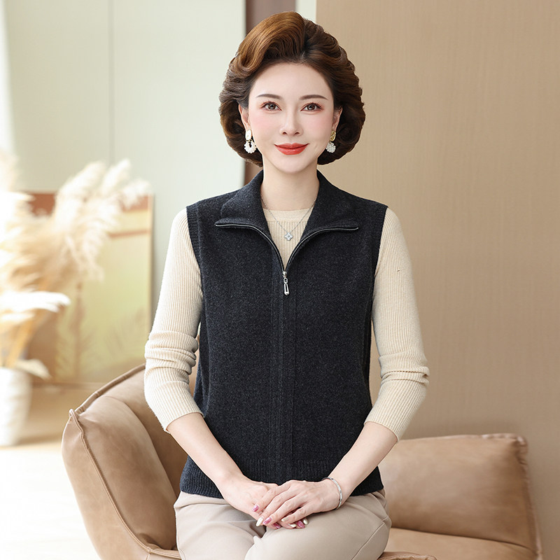 纯羊毛针织马甲女秋冬妈妈装拉链翻领背心外套贵夫人坎肩