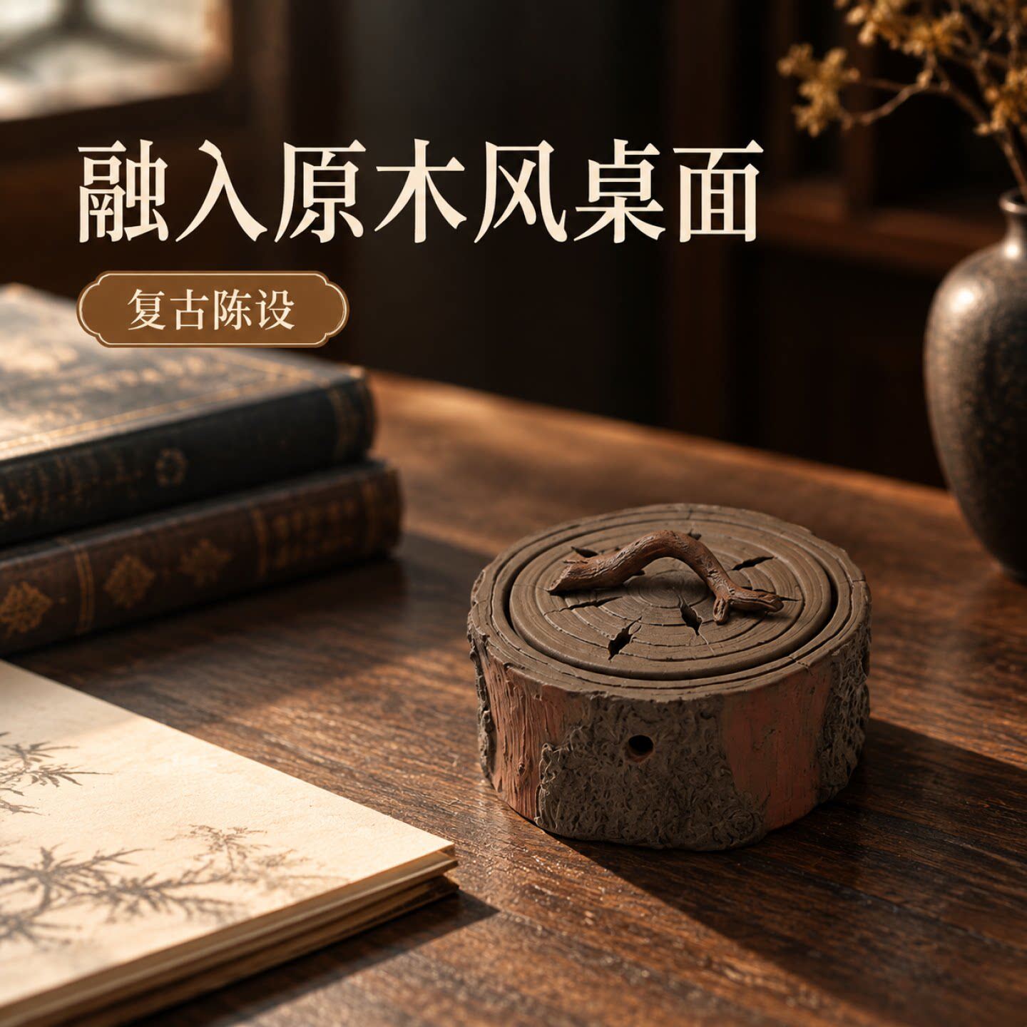 陶瓷木韵盘香炉家用复古仿木粗陶香薰炉禅意茶室檀香沉香茶道香炉