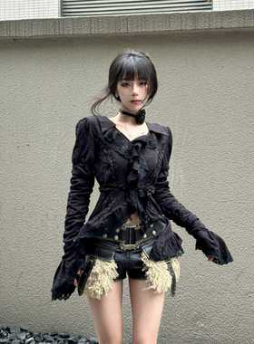 亚文化y2k纯欲辣妹黑色V领花边长袖衬衫女夏季小众设计感褶皱上衣