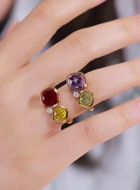 欧美跨境糖果双拼色彩锆戒指女s925纯银镶彩锆食指戒轻奢大气