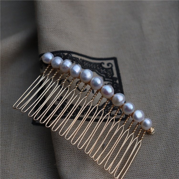 手工编织简约气质高亮巴洛克天然淡水真珍珠发卡20齿倒插梳发夹
