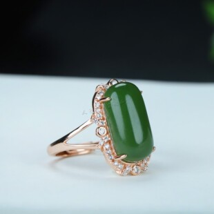 天然和田玉碧玉925银带钻戒指女款个性大气指环开口可调节戒子