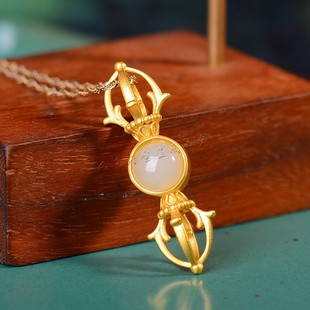 天然和田玉白玉925银圆蛋面降魔杵吊坠个性大气挂件女款玉石项链