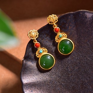 新疆天然和田玉碧玉925银圆蛋面耳环女款玉石皇冠耳坠防过敏耳饰