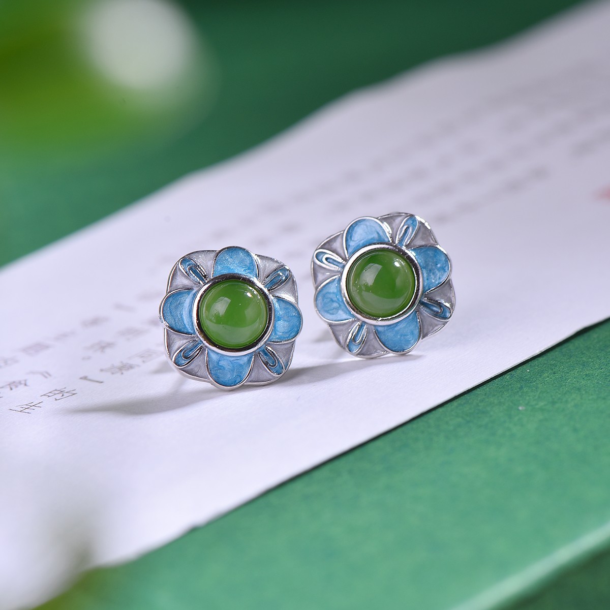 和田玉925银小众玉石耳钉