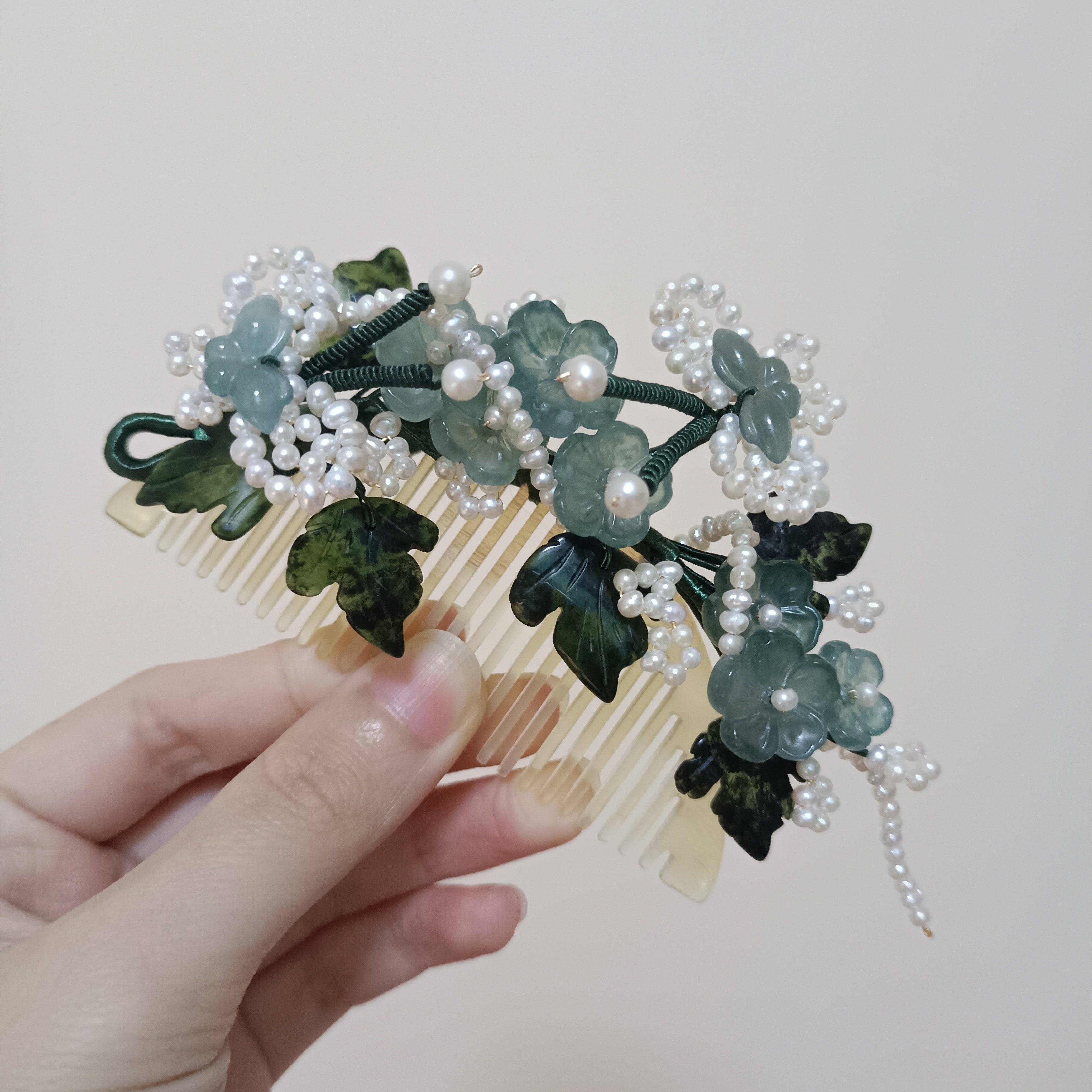 蓝水翡翠墨玉淡水珍珠汉服发簪发饰天然石旗袍日常发梳发夹