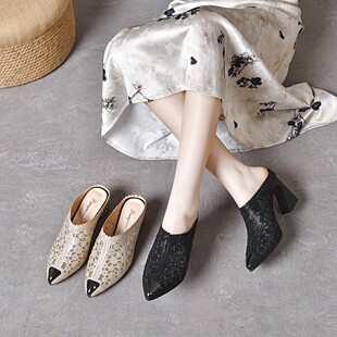 2026新款女鞋铁包尖头中高跟夏季新款时尚半拖鞋