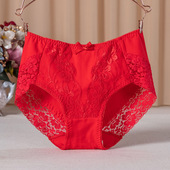 头 弹力透气简约大红色结婚中腰三角裤 本命年女士内裤 蕾丝性感大码