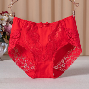 本命年女士内裤蕾丝性感大码弹力透气简约大红色结婚中腰三角裤头