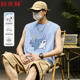 卡通像素风小鲨鱼纯棉背心男夏季 t恤运动坎肩 青少年潮流百搭无袖