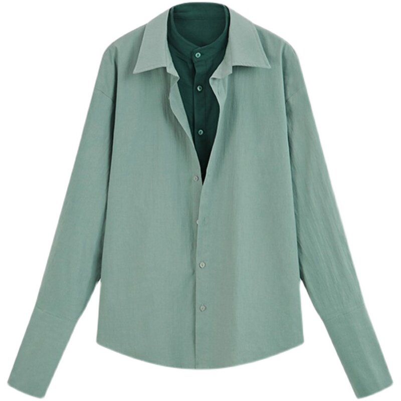 CARING KISS AUTUMN SUMMER 2024 CASUAL GREEN CONTRAST STITCHING FAKE TWO COTTON LONG SLEEVE SHIRT WOMEN
