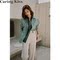 CARING KISS AUTUMN SUMMER 2024 CASUAL GREEN CONTRAST STITCHING FAKE TWO COTTON LONG SLEEVE SHIRT WOMEN