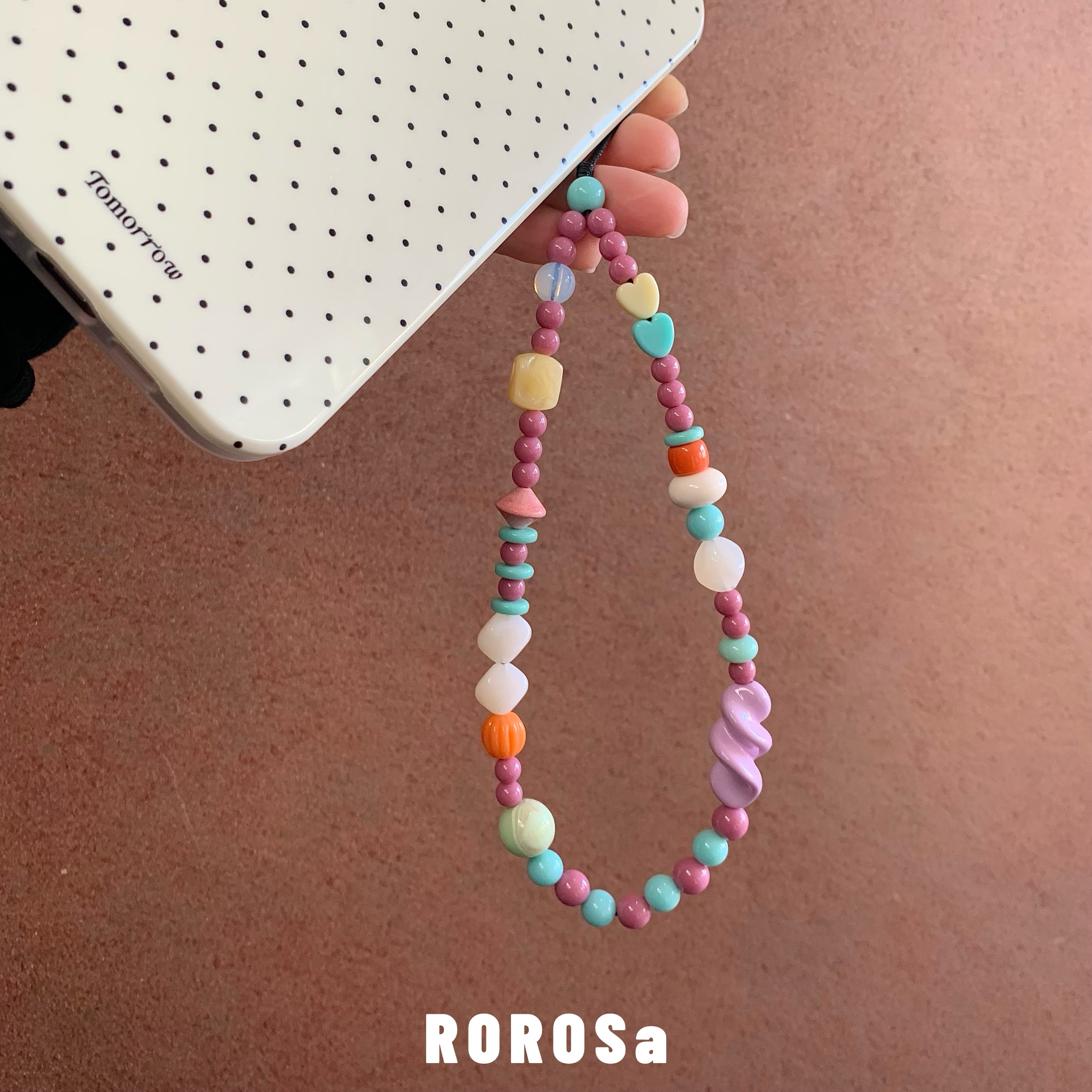 ROROSa原创设计撞色手机链莫兰迪可爱ins手工串珠手机挂绳ccd配饰