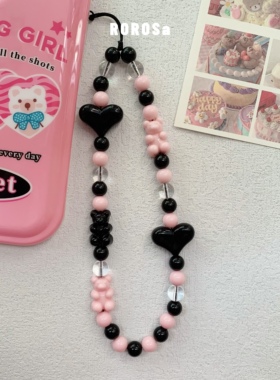 ROROSa原创ins风串珠手机链 粉墨CCD相机链 爱心小熊挂件挂饰