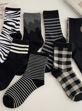 黑色条纹中筒袜子女ins潮百搭运动日系学生格子长袜子秋冬季情侣