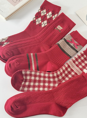 红色中筒袜子女士秋冬厚本命年长袜可爱甜美蝴蝶结菱格花边少女心