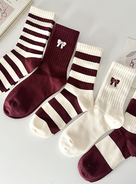 蝴蝶结中筒袜子女士秋冬季安可拉红色条纹外穿高筒棉袜网红ins潮