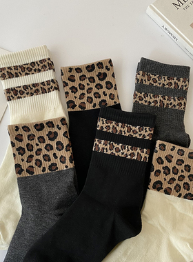 豹纹袜子女中筒ins潮流原宿风网红街头运动长袜子秋冬季两杠百搭