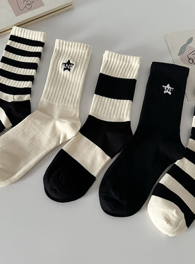 黑色条纹运动中筒袜子女士百搭ins潮流情侣街头刺绣男士长袜秋冬