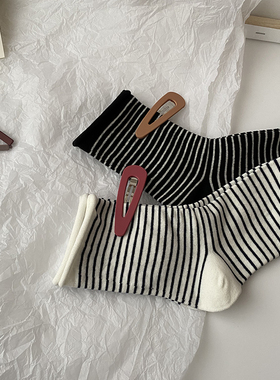 黑白条纹卷边堆堆袜韩版ins潮日系原宿风中筒百搭纯棉长袜子