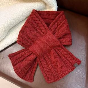 羊毛针织围巾女秋冬季纯色叉口加厚保暖围脖百搭驴家同款交叉围巾